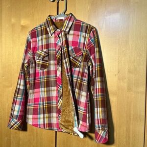 Flannel Pink/Brown Plaid Faux fur lined long sleeve western style shirt Size S-M